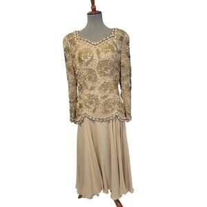 VTG Nightline 80s Size 12‎ Pearl Bead Floral Chiffon Taupe Silk Art Deco Wedding